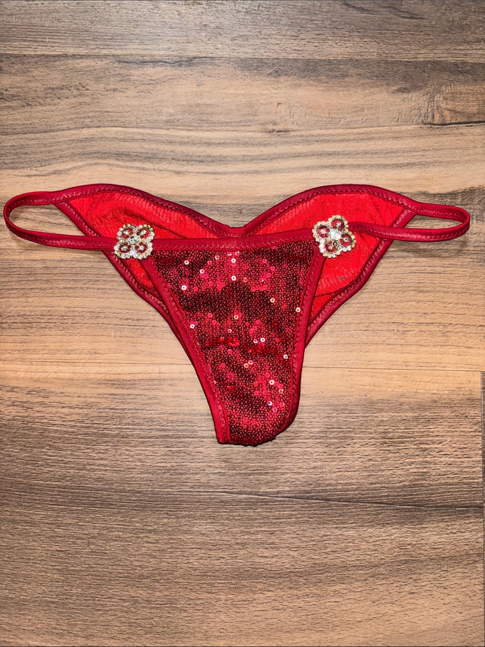 Red Sequin Bikini Bottom with Decorative Crystal Flowers